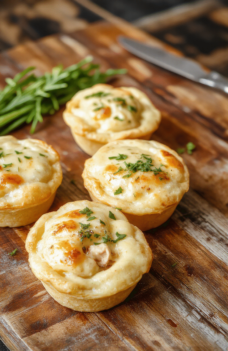 Colorful mini chicken pot pies arranged on a rustic wooden board with golden flaky crusts, bubbling filling showing peas, carrots, and shredded chicken, styled with fresh herbs and a light sprinkle of black pepper, all captured in natural daylight with a vibrant, inviting look.