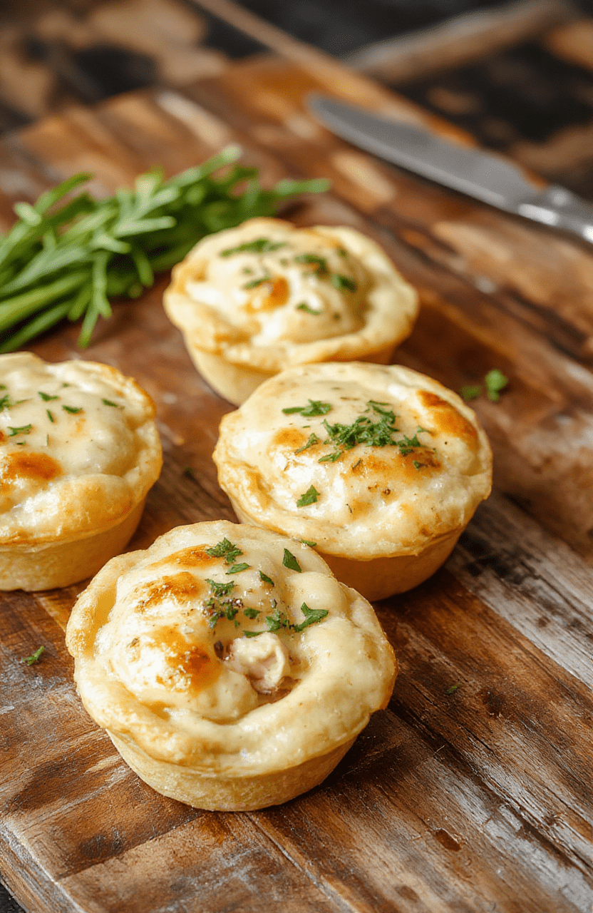Colorful mini chicken pot pies arranged on a rustic wooden board with golden flaky crusts, bubbling filling showing peas, carrots, and shredded chicken, styled with fresh herbs and a light sprinkle of black pepper, all captured in natural daylight with a vibrant, inviting look.