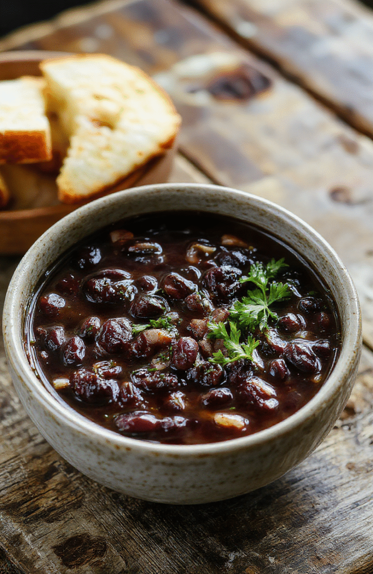 A vibrant bowl of black bean soup topped with chopped cilantro and a dollop of sour cream, garnished with lime wedges, served with rustic bread on a wooden table, bright natural daylight highlighting the rich dark color of the soup and fresh toppings.