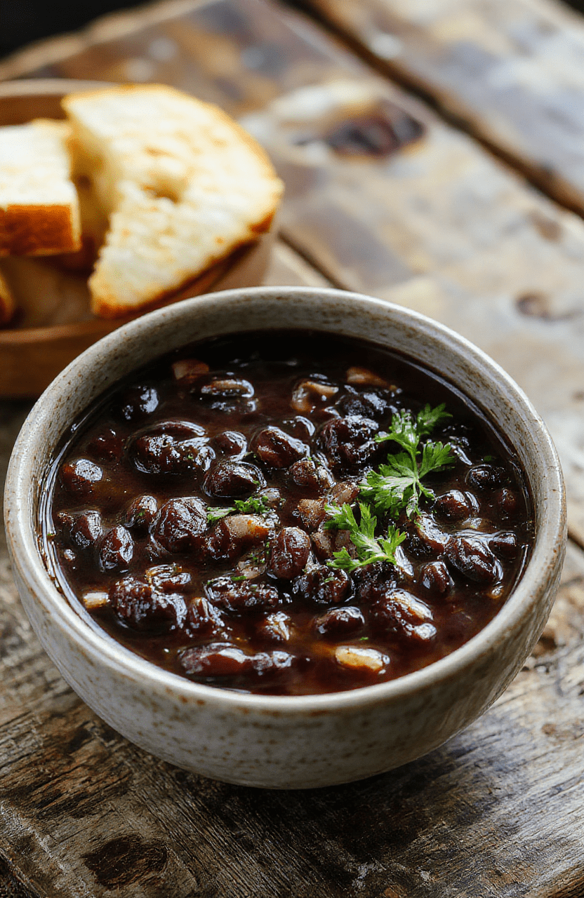 A vibrant bowl of black bean soup topped with chopped cilantro and a dollop of sour cream, garnished with lime wedges, served with rustic bread on a wooden table, bright natural daylight highlighting the rich dark color of the soup and fresh toppings.