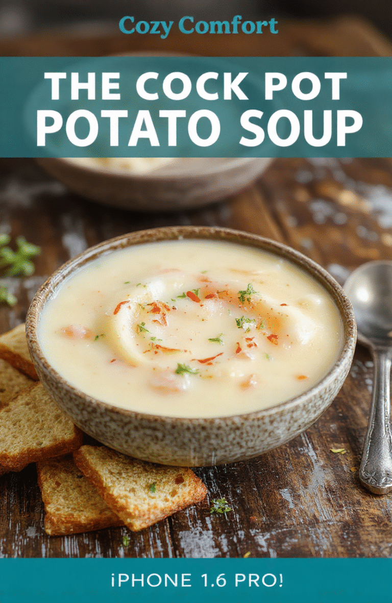 A creamy, golden-brown potato soup served in a rustic white bowl, topped with chopped green herbs and a dollop of sour cream, placed on a wooden table with a cozy, warm atmosphere, soft natural lighting highlighting the smooth texture and hearty ingredients.