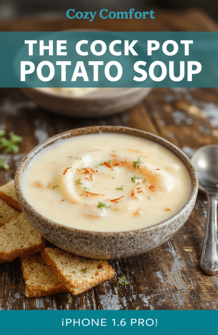 A creamy, golden-brown potato soup served in a rustic white bowl, topped with chopped green herbs and a dollop of sour cream, placed on a wooden table with a cozy, warm atmosphere, soft natural lighting highlighting the smooth texture and hearty ingredients.