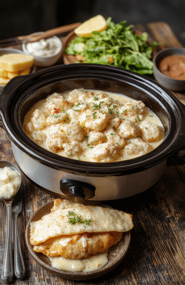 A creamy chicken Alfredo served in a white bowl on a rustic wooden table, garnished with fresh parsley, with tender shredded chicken and smooth alfredo sauce visible, styled simply with a silver spoon beside and a sprig of parsley for garnish.