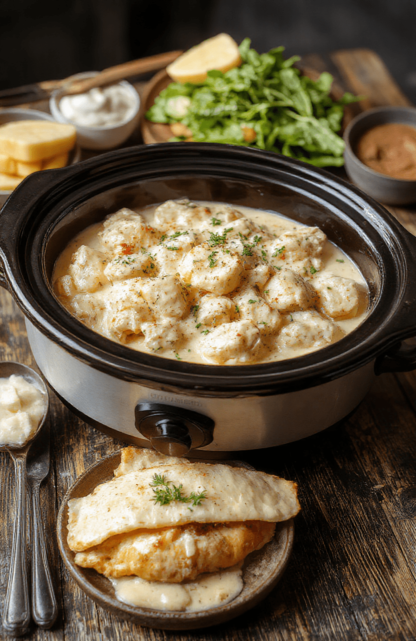 A creamy chicken Alfredo served in a white bowl on a rustic wooden table, garnished with fresh parsley, with tender shredded chicken and smooth alfredo sauce visible, styled simply with a silver spoon beside and a sprig of parsley for garnish.