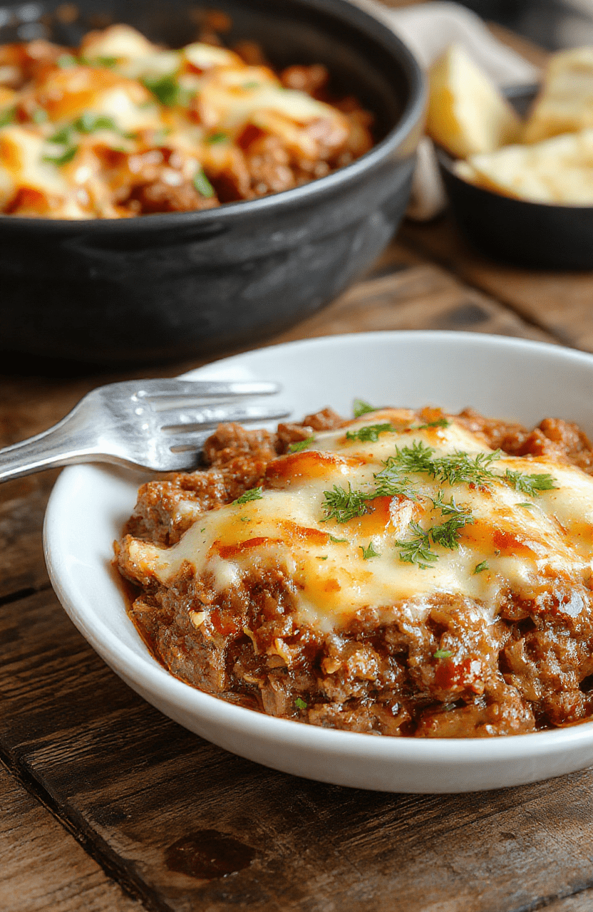 A hearty hobo casserole served on a rustic plate with layers of seasoned ground beef, mixed vegetables, and melted cheese, garnished with fresh herbs, set against a warm, inviting wooden table background.