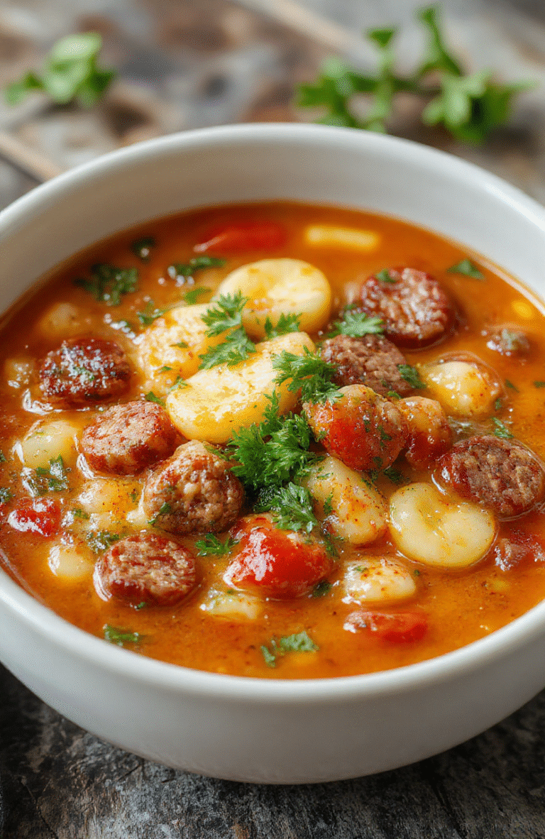A vibrant bowl of Italian sausage tortellini soup filled with colorful vegetables, slices of Italian sausage, and plump tortellini, garnished with fresh herbs on a rustic wooden table.