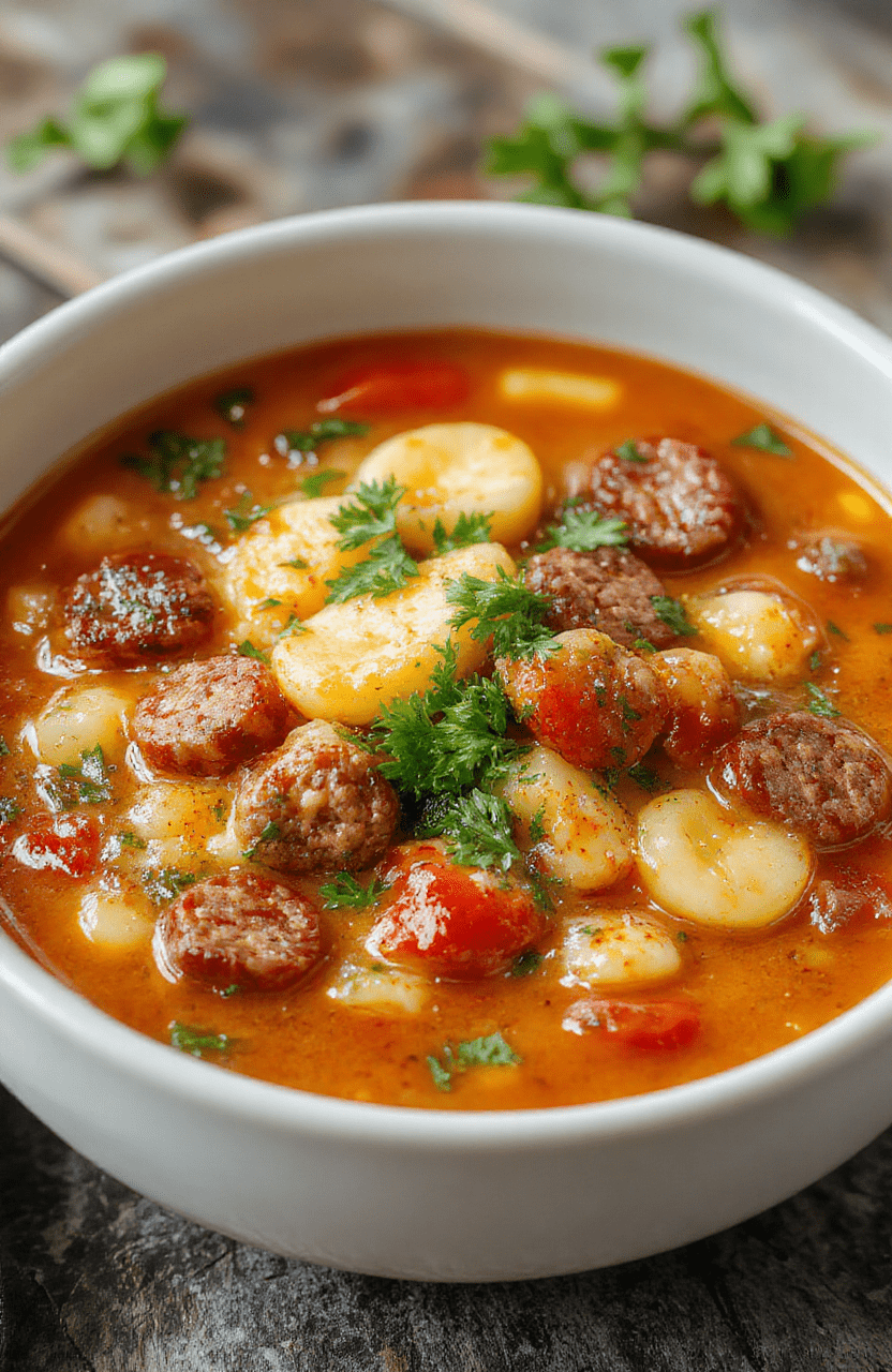 A vibrant bowl of Italian sausage tortellini soup filled with colorful vegetables, slices of Italian sausage, and plump tortellini, garnished with fresh herbs on a rustic wooden table.