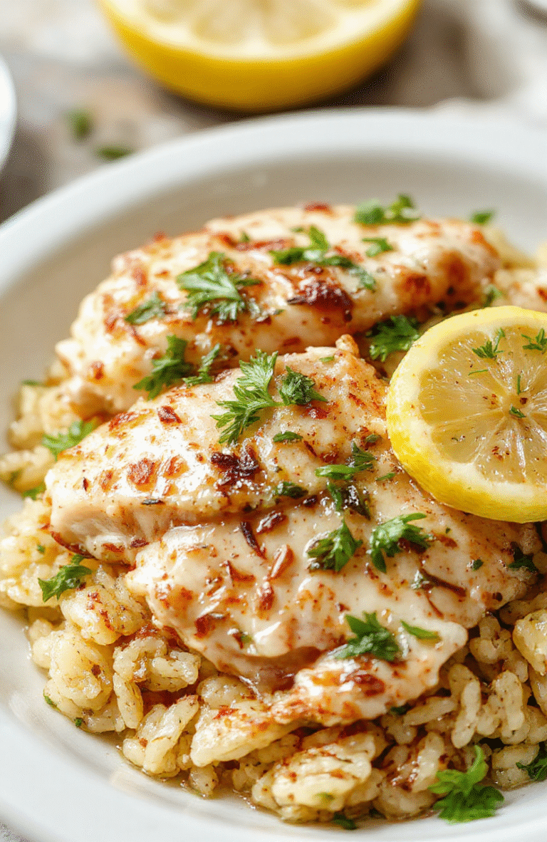A vibrant plate of lemon herb chicken atop fluffy rice, garnished with fresh herbs and lemon slices, served on a rustic white platter with a colorful background, capturing a bright, inviting meal with textured herbs and tender chicken.