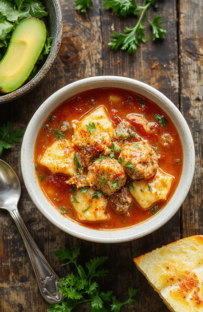 A vibrant bowl of meatball tortellini soup featuring colorful tortellini, tender meatballs, fresh herbs, and a rich broth, styled on a rustic wooden table with a warm, inviting atmosphere.