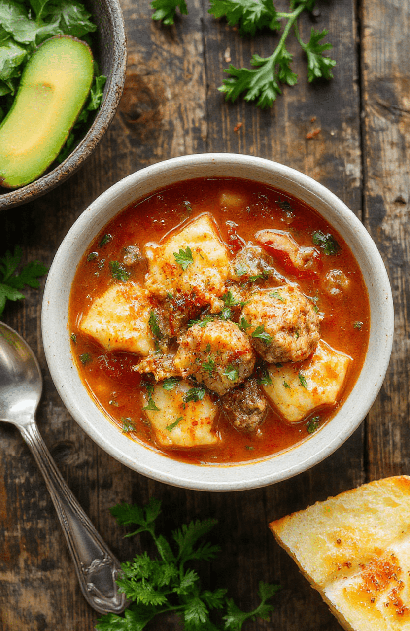 A vibrant bowl of meatball tortellini soup featuring colorful tortellini, tender meatballs, fresh herbs, and a rich broth, styled on a rustic wooden table with a warm, inviting atmosphere.