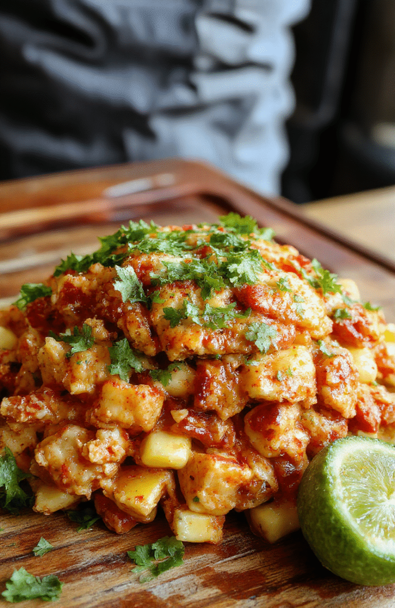 A vibrant bowl of Mexican street corn chicken chili featuring shredded white chicken, bright yellow corn kernels, red chili peppers, fresh cilantro, and a sprinkle of cheese, all served in a rustic white ceramic bowl on a wooden table with garnishes and a spoon, styled for a warm, inviting look.