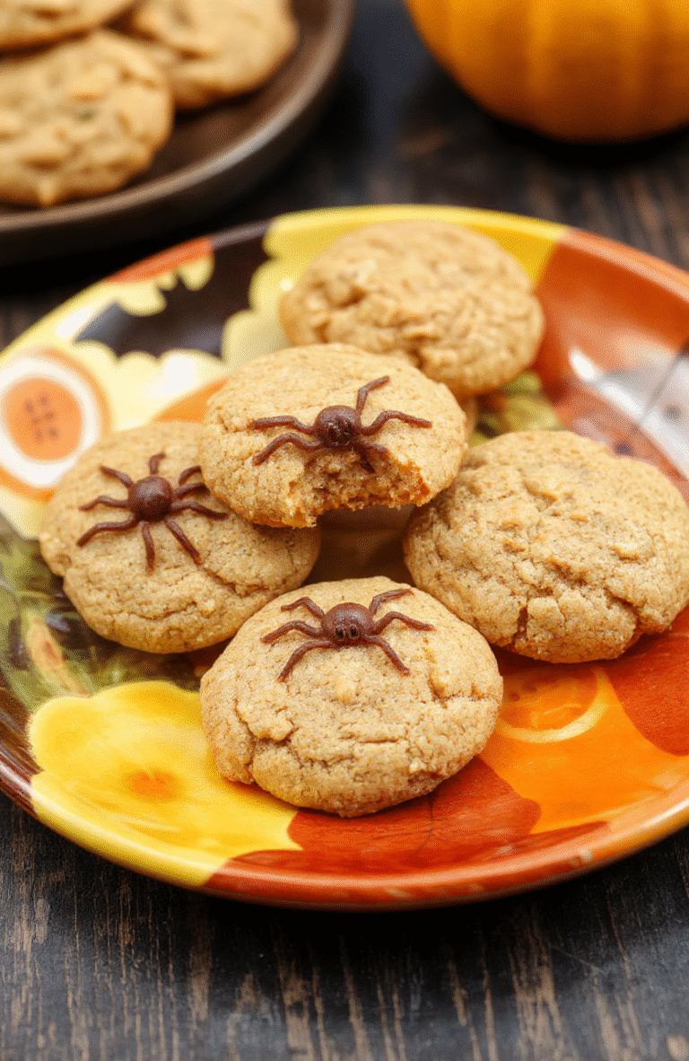 Colorful Halloween-themed spider cookies with glossy peanut butter coating, decorated with chocolate chip eyes and multiple pretzel legs arranged on a white plate, styled in a festive setting with orange and black accents.