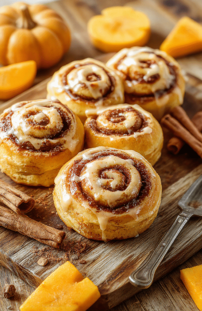 A tray of golden-brown pumpkin cinnamon rolls drizzled with creamy glaze, arranged on a rustic wooden platter with cinnamon sticks and pumpkin slices in the background, styled with fall-themed decorations, warm lighting accentuating the textures of the soft rolls and rich glaze.