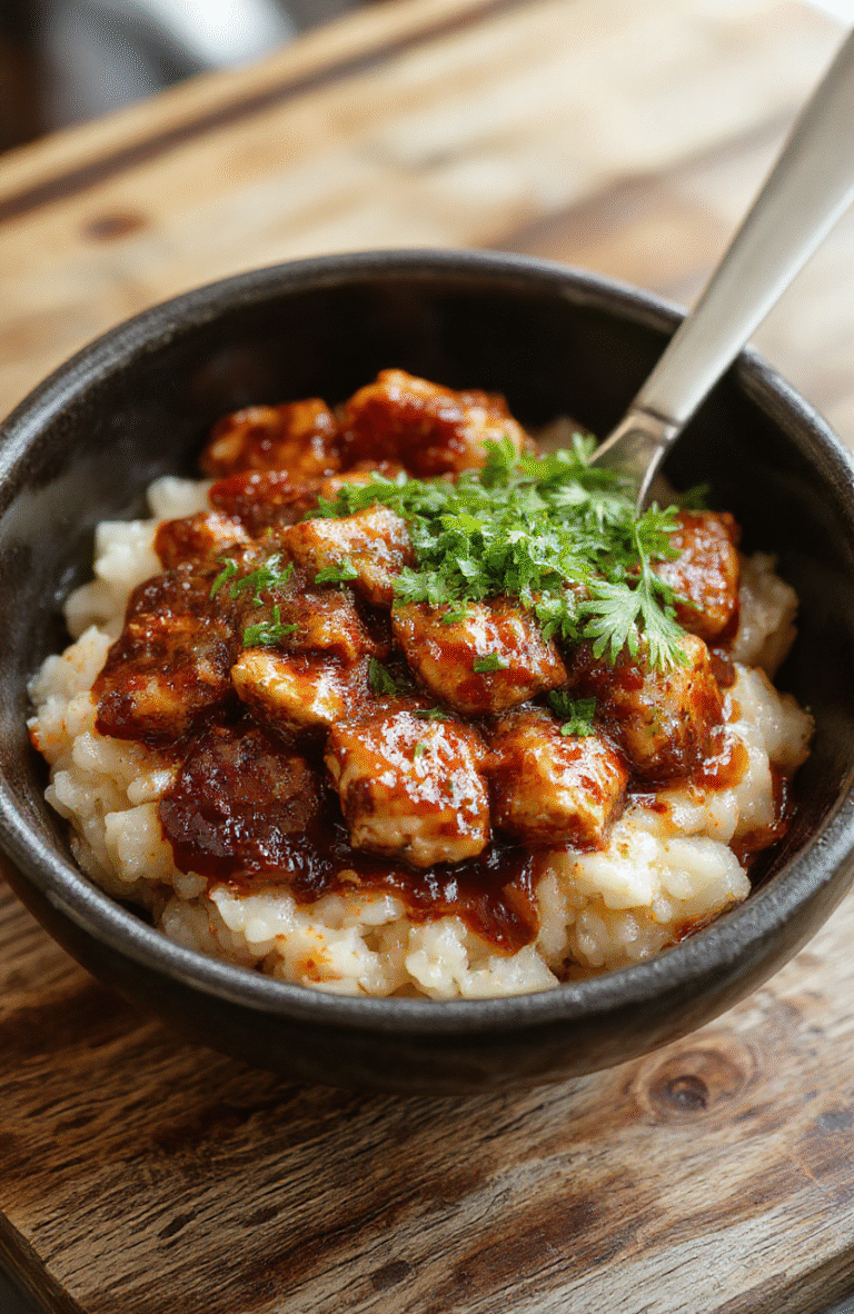 A vibrant colorful rice bowl featuring tender, glazed sticky chicken atop fluffy white rice, garnished with chopped green onions and sesame seeds, served on a rustic wooden plate with a side of fresh vegetables, styled casually for a cozy, inviting presentation.