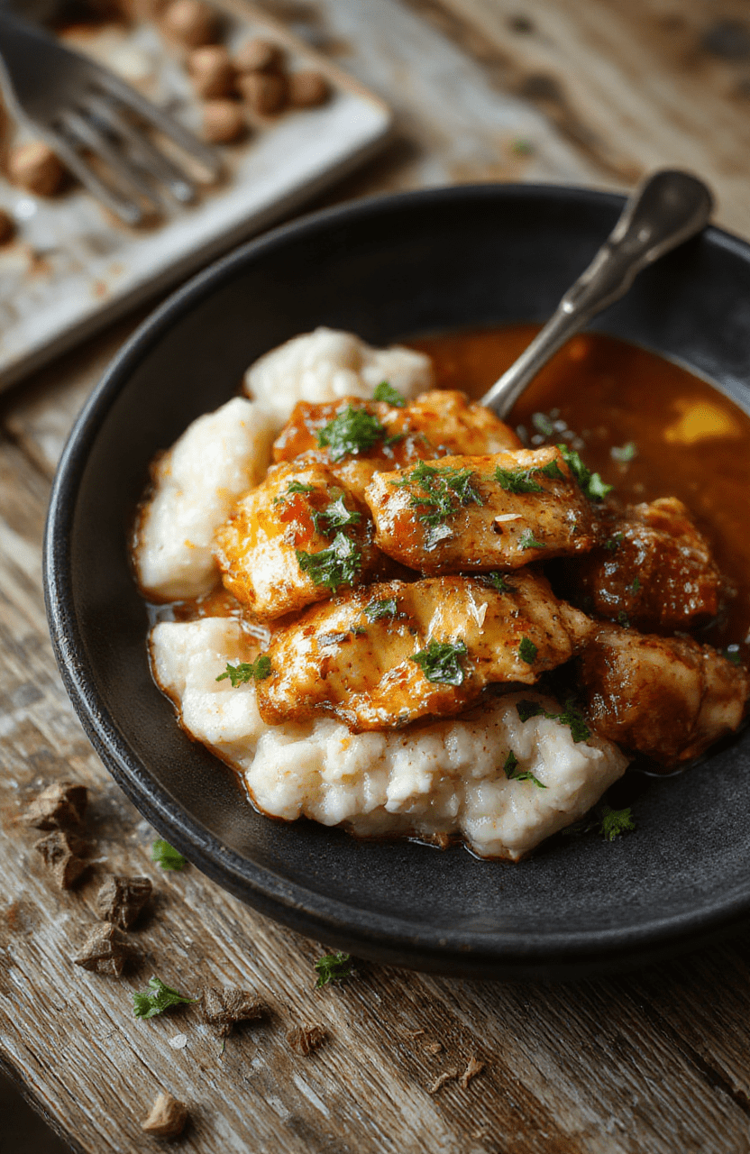 A vibrant bowl of creamy orange butter chicken garnished with chopped cilantro, served on a rustic wooden table with naan bread and fresh herbs, featuring a rich and glossy sauce with tender chicken pieces, styled with colorful spices and garnishes.