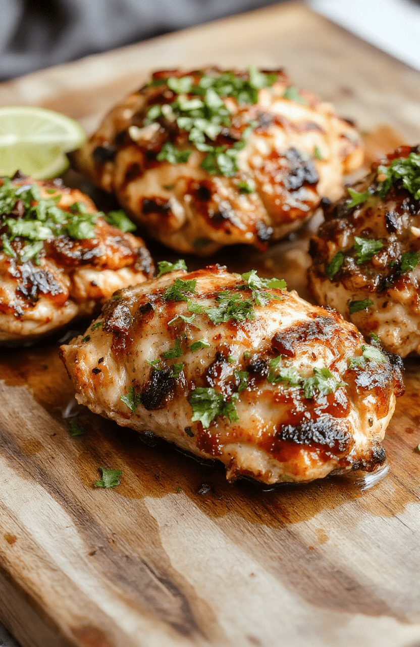 Colorful grilled chicken topped with melted pepper jack cheese, vibrant green salsa verde draped over the succulent meat, served on a rustic wooden platter with fresh cilantro and lime wedges, highlighting textures from juicy chicken and gooey cheese, styled casually with a backdrop of fresh ingredients and soft natural light.
