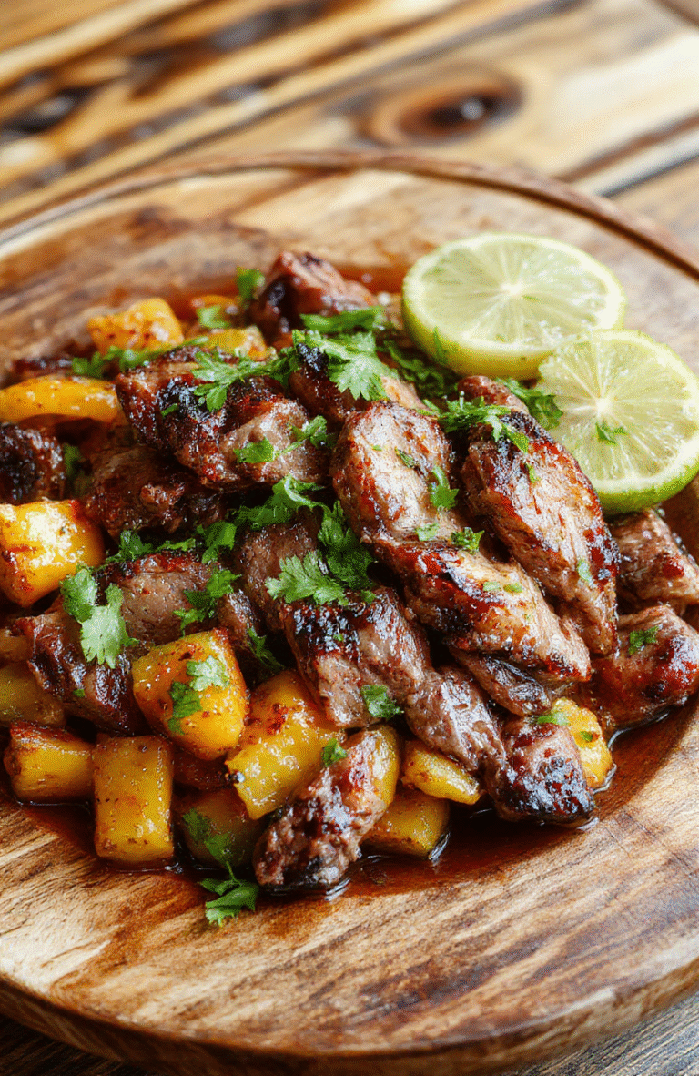 Colorful steak fajita bowl with grilled beef strips, bell peppers, onions, topped with fresh cilantro and sliced lime, arranged on a rustic wooden plate with vibrant ingredients and a drizzle of sauce, styled for a mouthwatering, inviting presentation.
