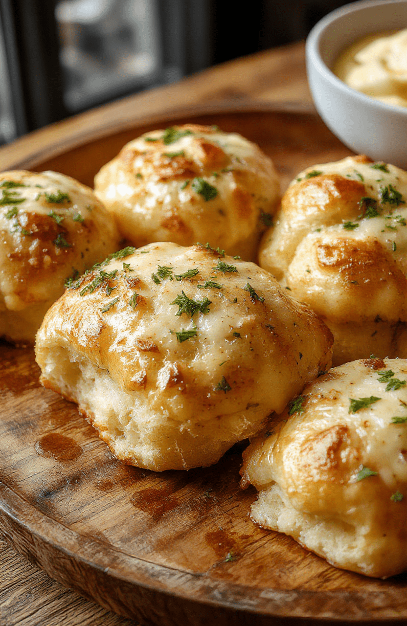 A close-up of golden, fluffy garlic butter bread rolls arranged on a rustic wooden platter, brushed with melting garlic butter, garnished with parsley, showcasing soft textures and crispy edges.