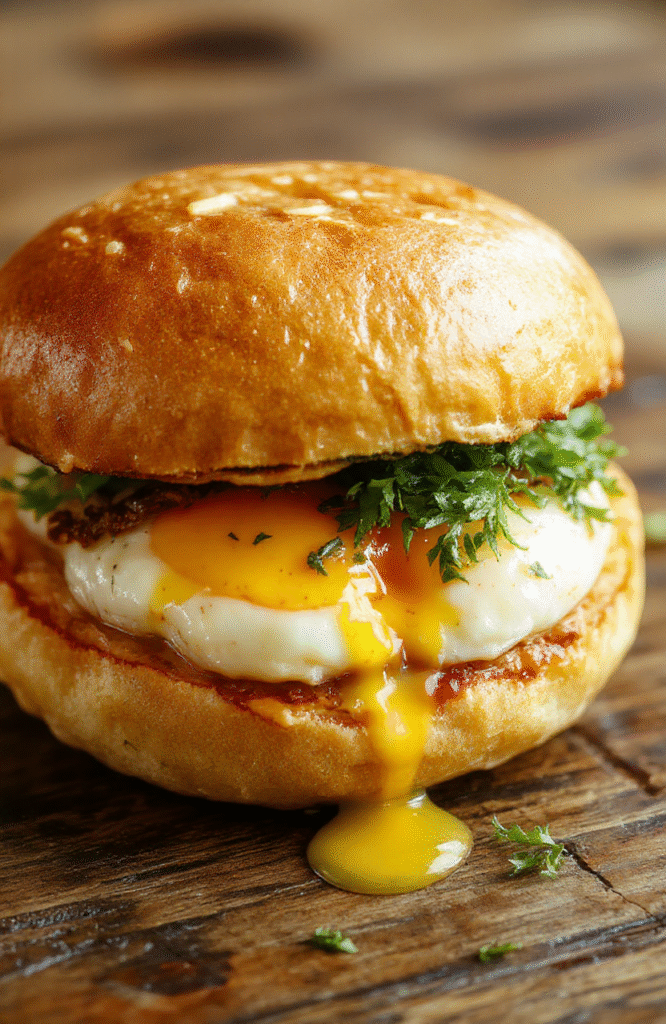 A close-up of a fluffy Japanese Tamago Sando sandwich with soft, golden scrambled eggs inside white bread, neatly sliced in half, garnished with a sprinkle of sesame seeds and chopped scallions, served on a wooden plate with a blurred background showcasing a cozy kitchen setting.