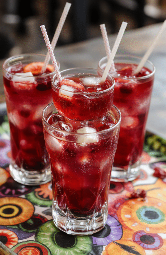 A vibrant glass of Drunk Witch Cocktail filled with bright pink and purple hues, topped with bubbles and adorned with fresh fruit slices and whimsical decorations. The drink is beautifully served on a colorful party tray with a shimmer effect, capturing a lively and festive atmosphere. The background showcases a blurred celebration setting with cheerful lighting.