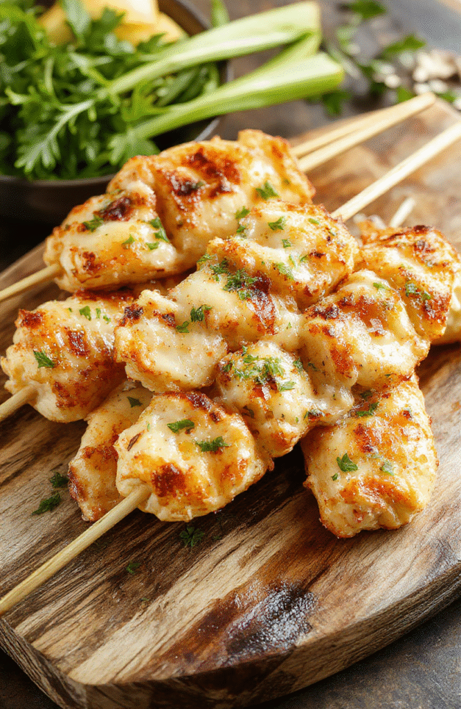 Colorful skewers featuring golden-brown grilled chicken pieces coated with fresh parsley, topped with grated parmesan cheese, served on a rustic wooden board with lemon wedges and a sprig of parsley, with a blurred background highlighting a flavorful and appetizing dish.