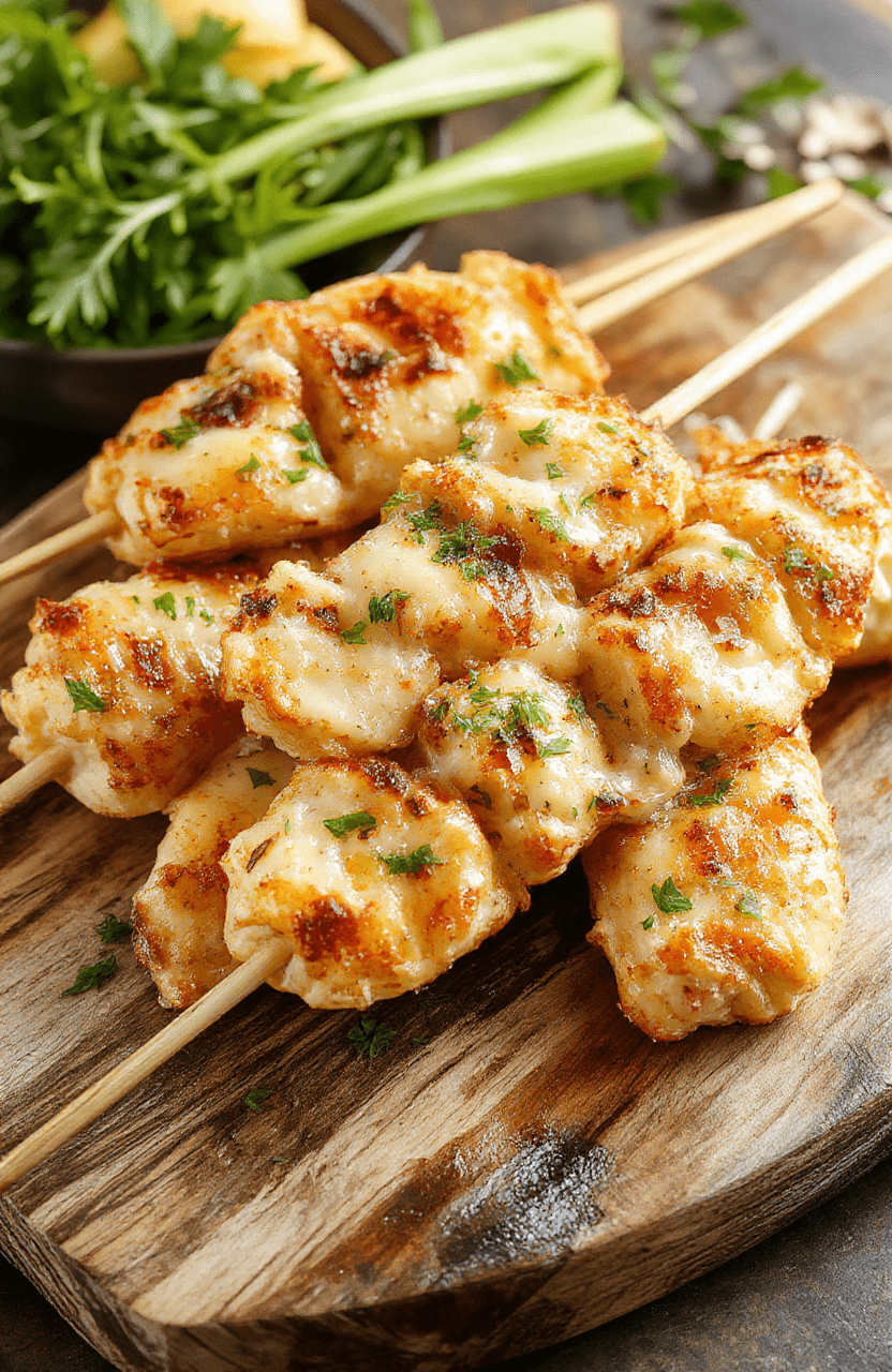 Colorful skewers featuring golden-brown grilled chicken pieces coated with fresh parsley, topped with grated parmesan cheese, served on a rustic wooden board with lemon wedges and a sprig of parsley, with a blurred background highlighting a flavorful and appetizing dish.