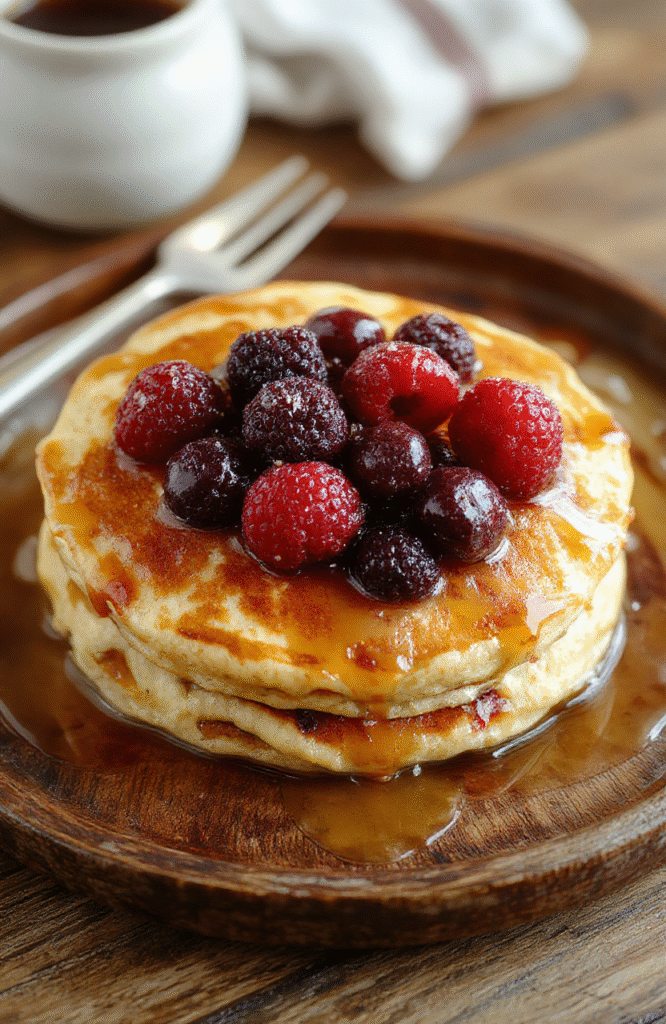 Colorful stack of homemade healthy pancakes topped with fresh berries and a drizzle of syrup, served on a rustic wooden plate with a fork, featuring a vibrant breakfast setting with natural daylight, soft shadows, and a cozy atmosphere