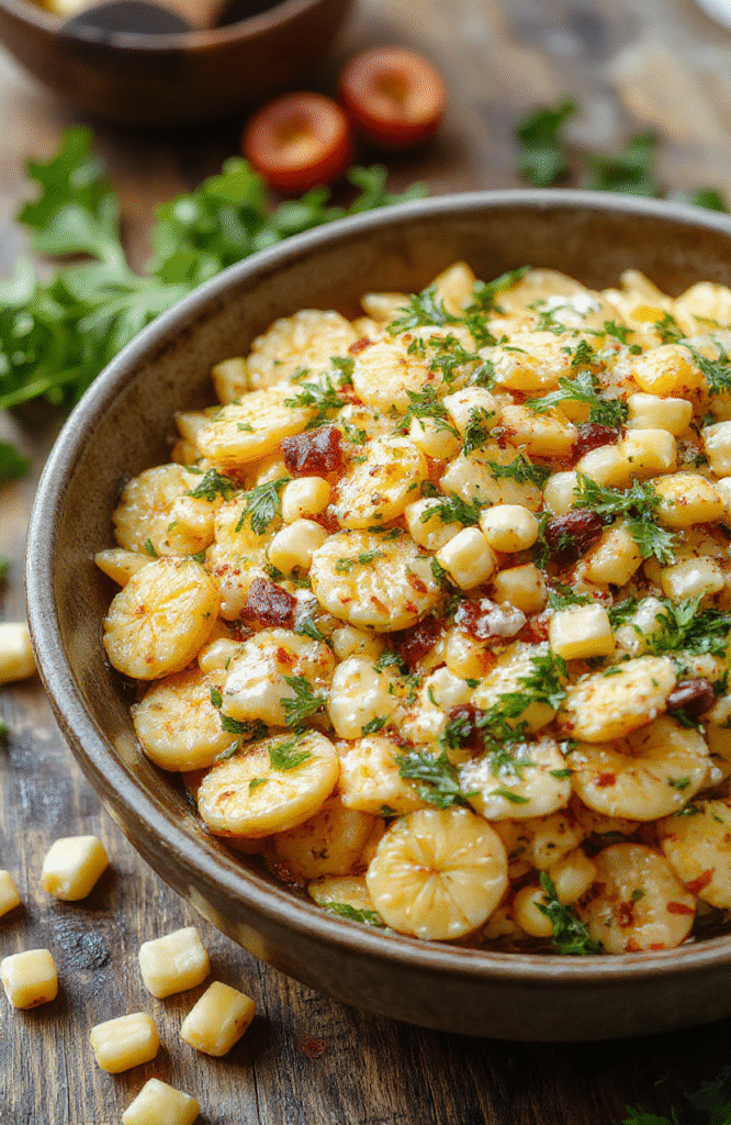 Colorful bowl of street corn pasta salad topped with fresh cilantro and crumbled cheese, vibrant yellow corn kernels, creamy dressing, and chopped vegetables, styled on a rustic wooden surface with a summery background.