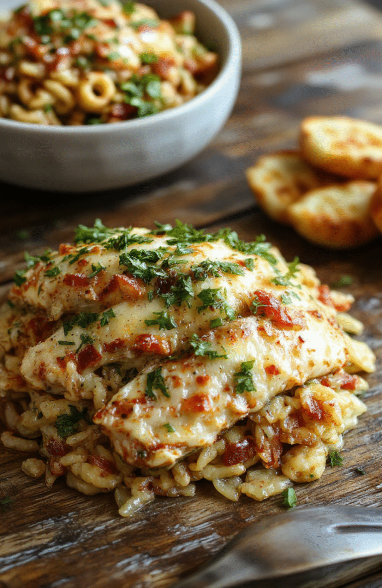 A vibrant plate of chicken orzo featuring tender chicken pieces, perfectly cooked orzo pasta, bright vegetables, and fresh herbs, styled on a rustic wooden table with natural lighting highlighting textures and colors.
