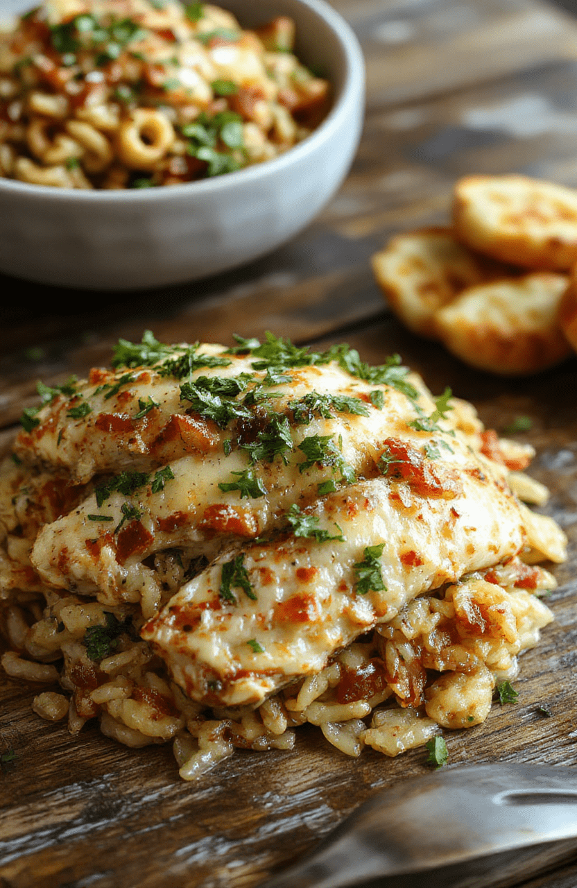 A vibrant plate of chicken orzo featuring tender chicken pieces, perfectly cooked orzo pasta, bright vegetables, and fresh herbs, styled on a rustic wooden table with natural lighting highlighting textures and colors.