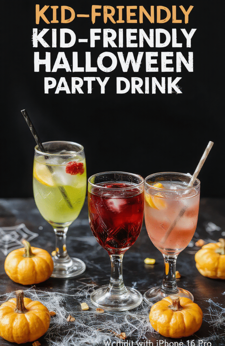 A colorful assortment of spooky Halloween drinks in clear glasses adorned with fun and creepy decorations, including eye-shaped gummies and gummy worms. The drinks feature vibrant orange, deep purple, and neon green colors, with bubbling effects and spooky garnishes, set against a dark themed table with cobwebs and mini pumpkins, styled for a fun kid-friendly Halloween party.
