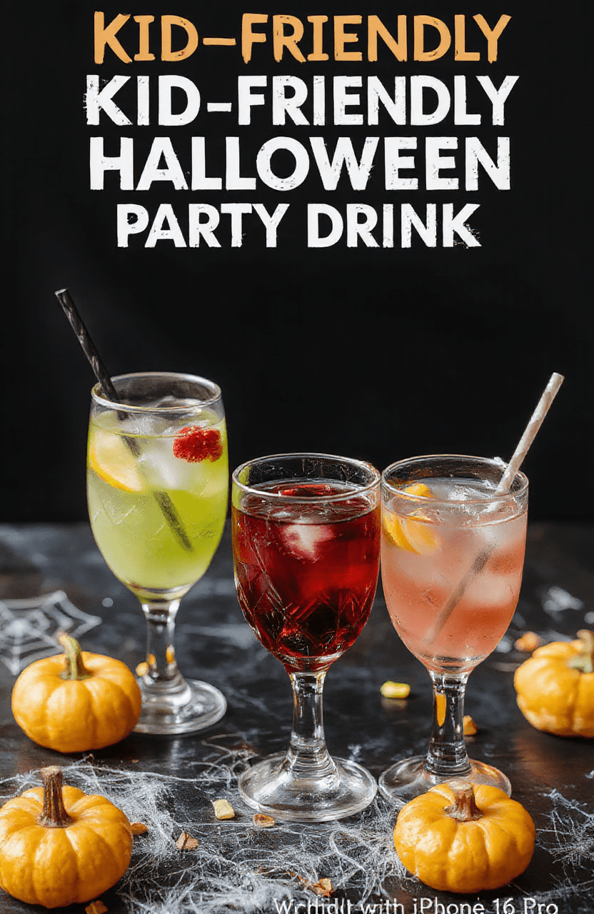 A colorful assortment of spooky Halloween drinks in clear glasses adorned with fun and creepy decorations, including eye-shaped gummies and gummy worms. The drinks feature vibrant orange, deep purple, and neon green colors, with bubbling effects and spooky garnishes, set against a dark themed table with cobwebs and mini pumpkins, styled for a fun kid-friendly Halloween party.