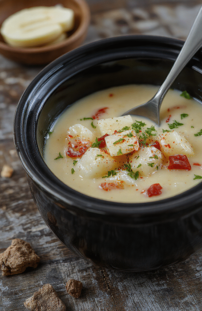 A bowl of creamy loaded crockpot potato soup topped with shredded cheese, crispy bacon, sliced green onions, and a dollop of sour cream, presented on a rustic wooden surface with a cozy background.