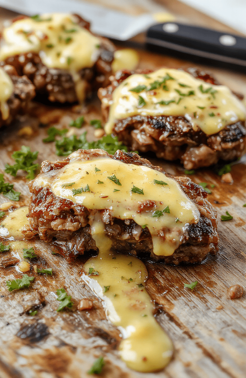 A close-up of golden-brown garlic butter steak bites arranged on a white platter, garnished with fresh parsley, with a rustic wooden background, highlighting the juicy textures and crispy edges, styled simply for an appetizing presentation.