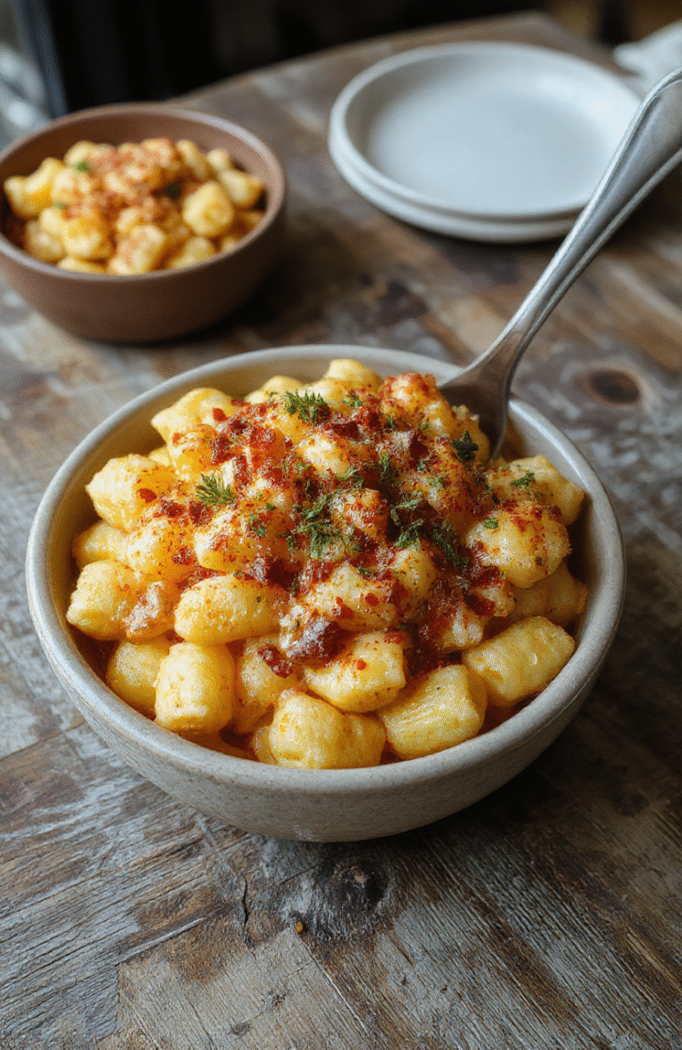 A vibrant plate of monster-themed mac and cheese with colorful cheese sauces, topped with eye-shaped olives and crispy breadcrumb eyes, served on a rustic wooden table with Halloween decorations in the background.
