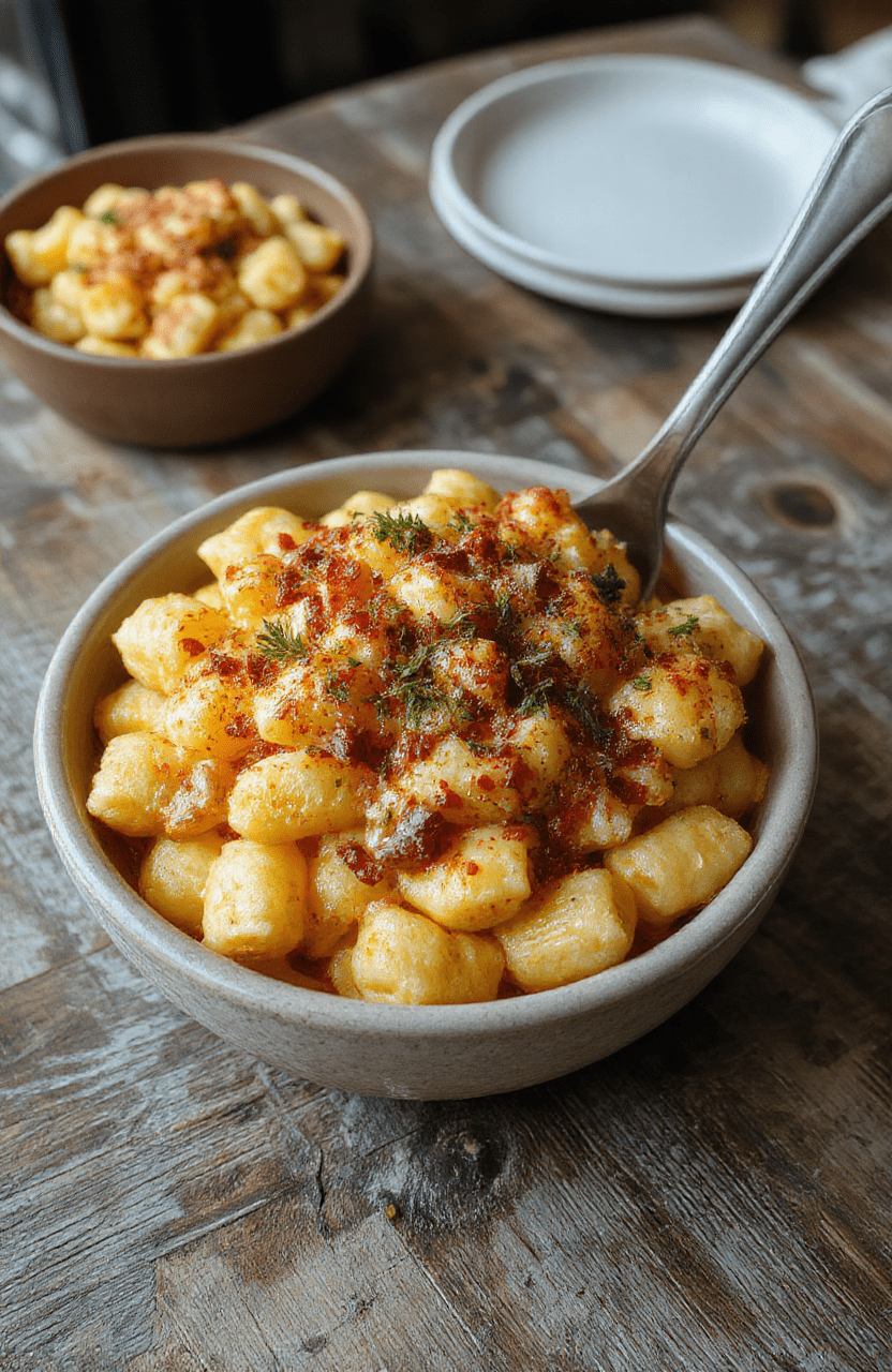 A vibrant plate of monster-themed mac and cheese with colorful cheese sauces, topped with eye-shaped olives and crispy breadcrumb eyes, served on a rustic wooden table with Halloween decorations in the background.