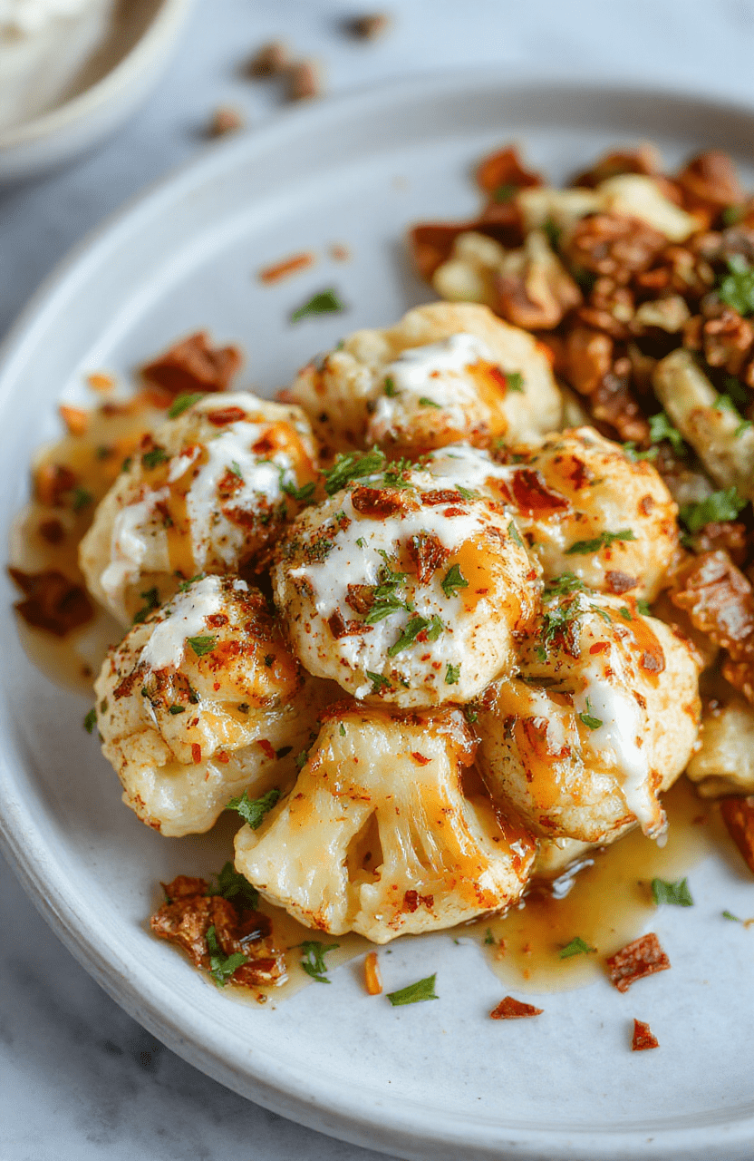 A vibrant plate of roasted cauliflower florets coated with a rich tahini-honey drizzle, garnished with fresh herbs, plated on a rustic white dish with colorful spices nearby, showcasing a textured and inviting look.