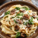 A vibrant, creamy mushroom spinach pasta served on a rustic wooden plate, topped with grated Parmesan and garnished with fresh herbs, showcasing a rich, velvety sauce, tender mushrooms, and bright green spinach, styled simply with a focus on the delicious textures and inviting presentation.