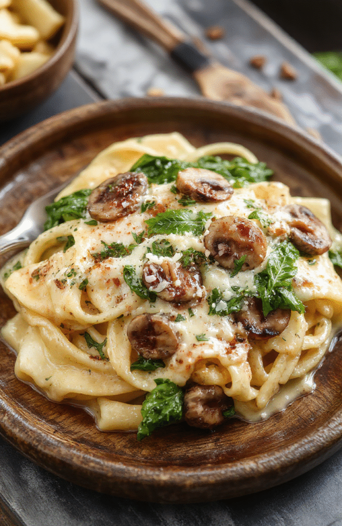 A vibrant, creamy mushroom spinach pasta served on a rustic wooden plate, topped with grated Parmesan and garnished with fresh herbs, showcasing a rich, velvety sauce, tender mushrooms, and bright green spinach, styled simply with a focus on the delicious textures and inviting presentation.