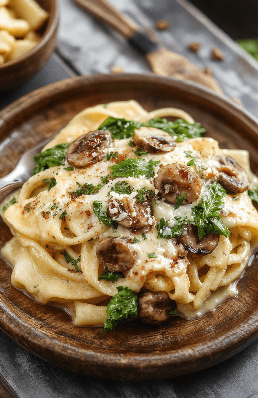 A vibrant, creamy mushroom spinach pasta served on a rustic wooden plate, topped with grated Parmesan and garnished with fresh herbs, showcasing a rich, velvety sauce, tender mushrooms, and bright green spinach, styled simply with a focus on the delicious textures and inviting presentation.