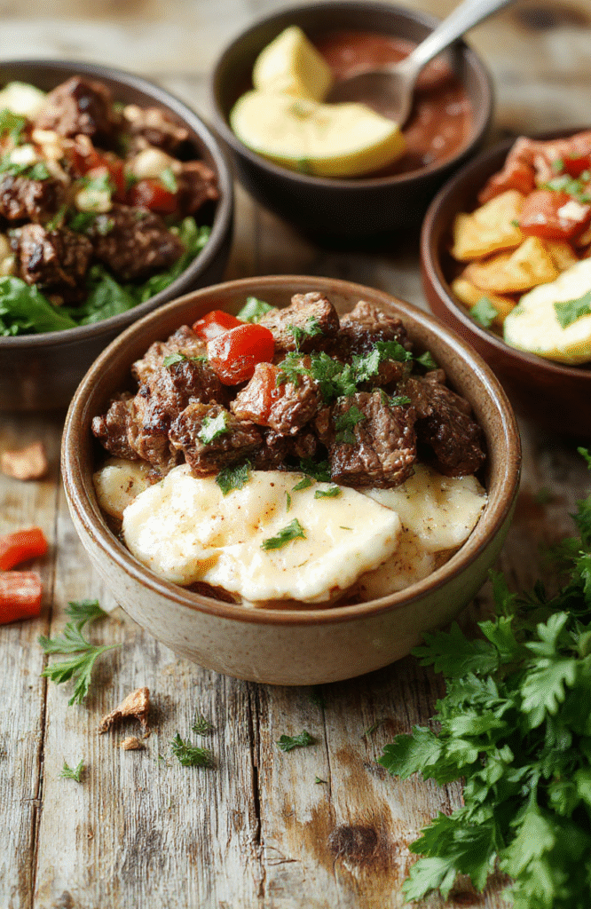 A vibrant bowl filled with thinly sliced grilled beef, melted cheese, sautéed peppers and onions, garnished with fresh herbs, presented on a rustic wooden surface with colorful ingredients around for a cozy, appetizing look.