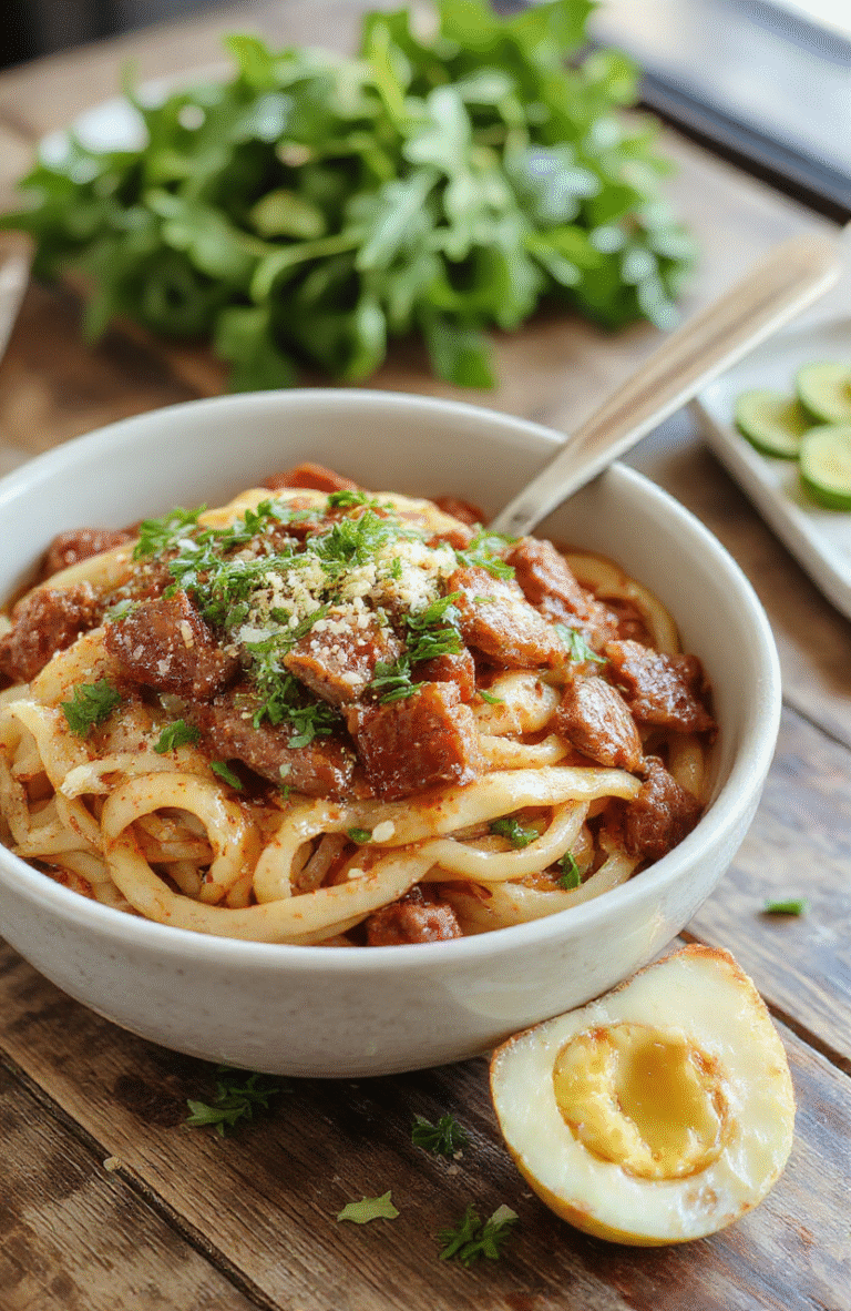 A vibrant bowl of Mongolian ground beef noodles garnished with scallions and sesame seeds, featuring tender ground beef and glossy noodles on a rustic wooden table with colorful ingredients in the background.
