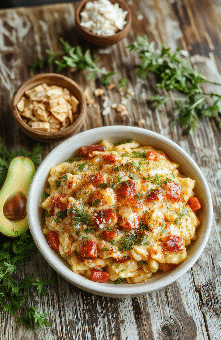 A vibrant bowl of cooked orzo pasta topped with fresh herbs, cherry tomatoes, and grated cheese, arranged on a rustic wooden table with natural lighting, showcasing textures and colorful ingredients.