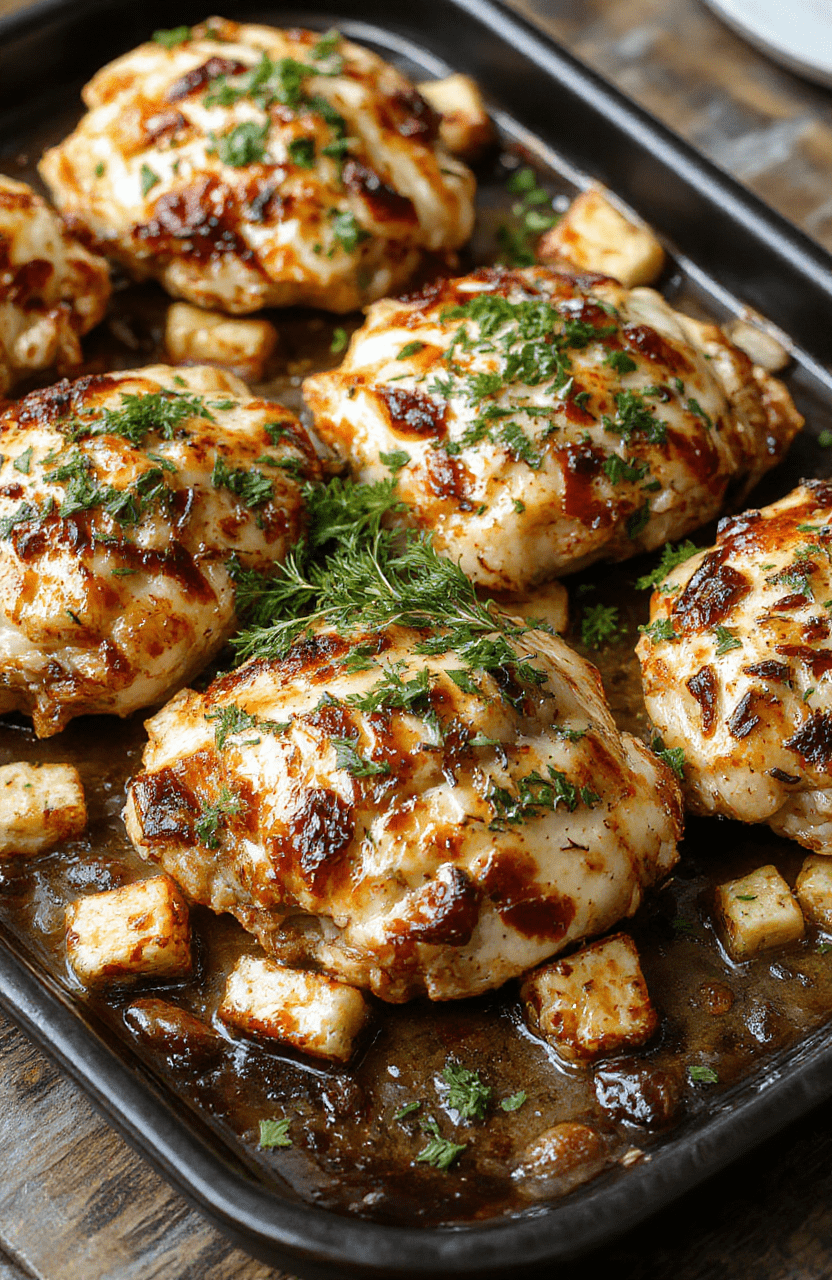 Colorful roasted Greek chicken and vegetables on a rustic white plate, garnished with fresh herbs, vibrant red tomatoes, green bell peppers, and lemon wedges, presented for a casual yet appetizing look with a textured wooden background.