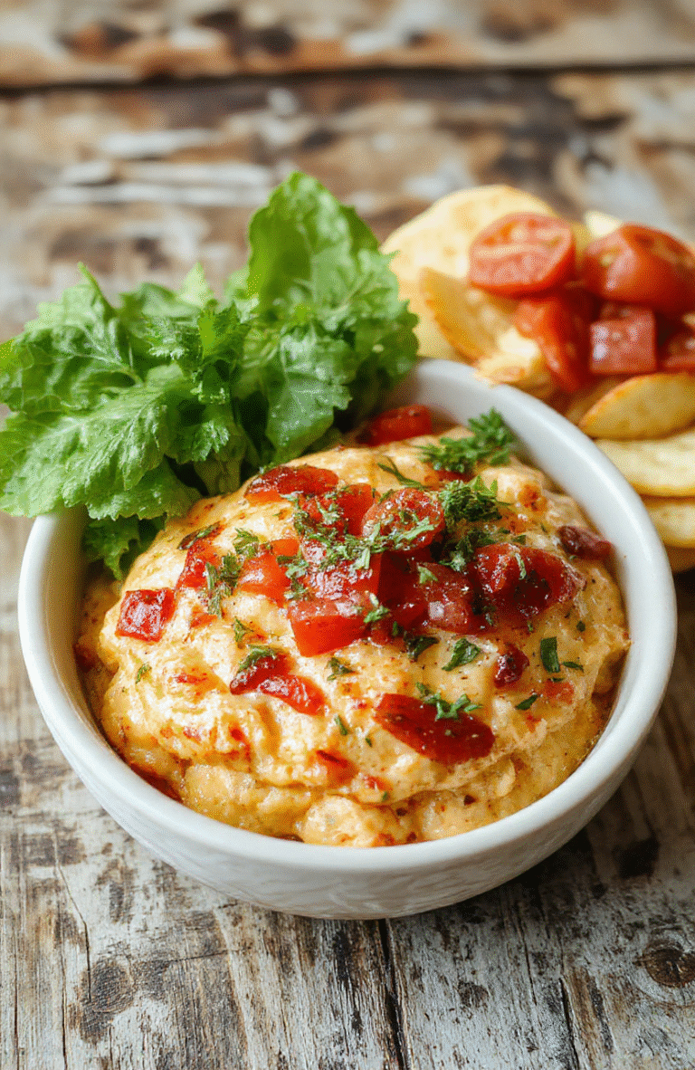 A vibrant and colorful bruschetta dip served in a rustic bowl, topped with fresh chopped tomatoes, basil, and a drizzle of olive oil. The dip has a chunky texture with visible herbs and diced tomatoes, presented on a wooden platter with slices of toasted baguette around it, styled in a warm, inviting setting with soft natural light.