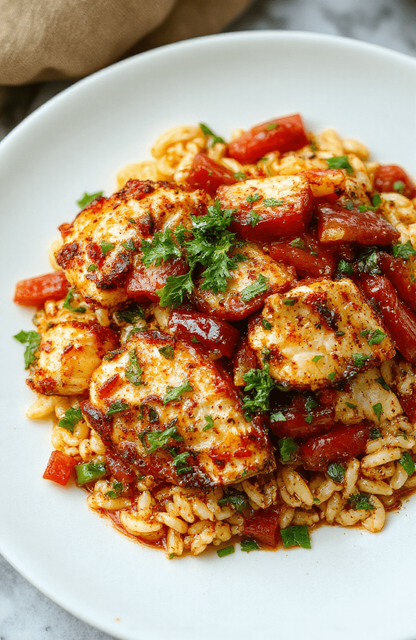 Colorful Cajun chicken orzo dish featuring golden browned chicken pieces atop a vibrant, seasoned orzo pasta with red and green bell peppers, garnished with fresh herbs, served on a rustic white plate, styled with a natural, casual vibe.