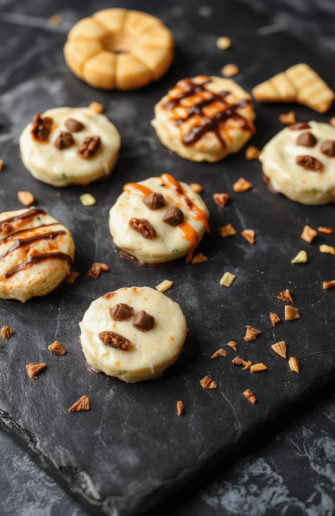 Colorful Halloween treats arranged on a dark platter with spooky themed decorations, including orange, black, and green candies, eerie eyeball gummies, and decorated cookies. Textured confections and vibrant icing create a playful and festive vibe, styled for a fun Halloween party.