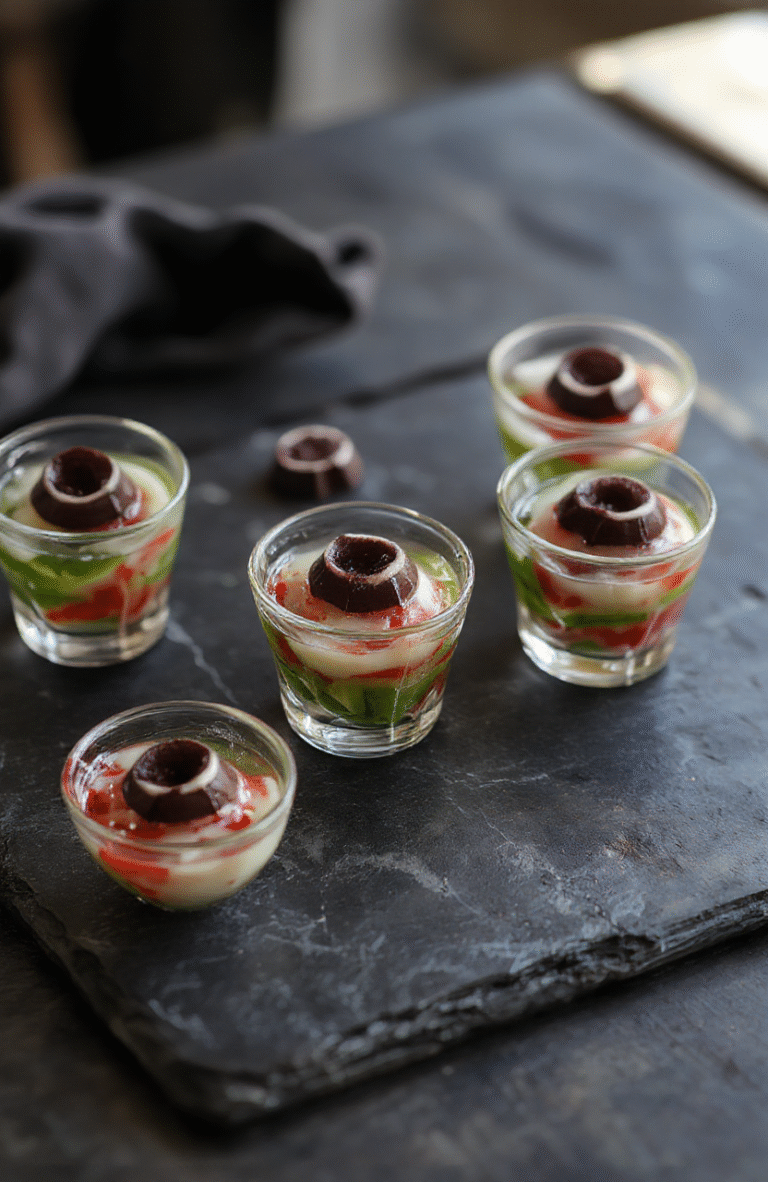 Vibrant red gelatin with green eyeball candies placed atop, sliced to reveal eerie eyeball details. Plated on a dark slate surface with spooky ambient lighting, exuding a creepy yet fun Halloween vibe. The texture of the gelatin is glossy and smooth, contrasting with the detailed eyeball decorations that look realistic and spooky.