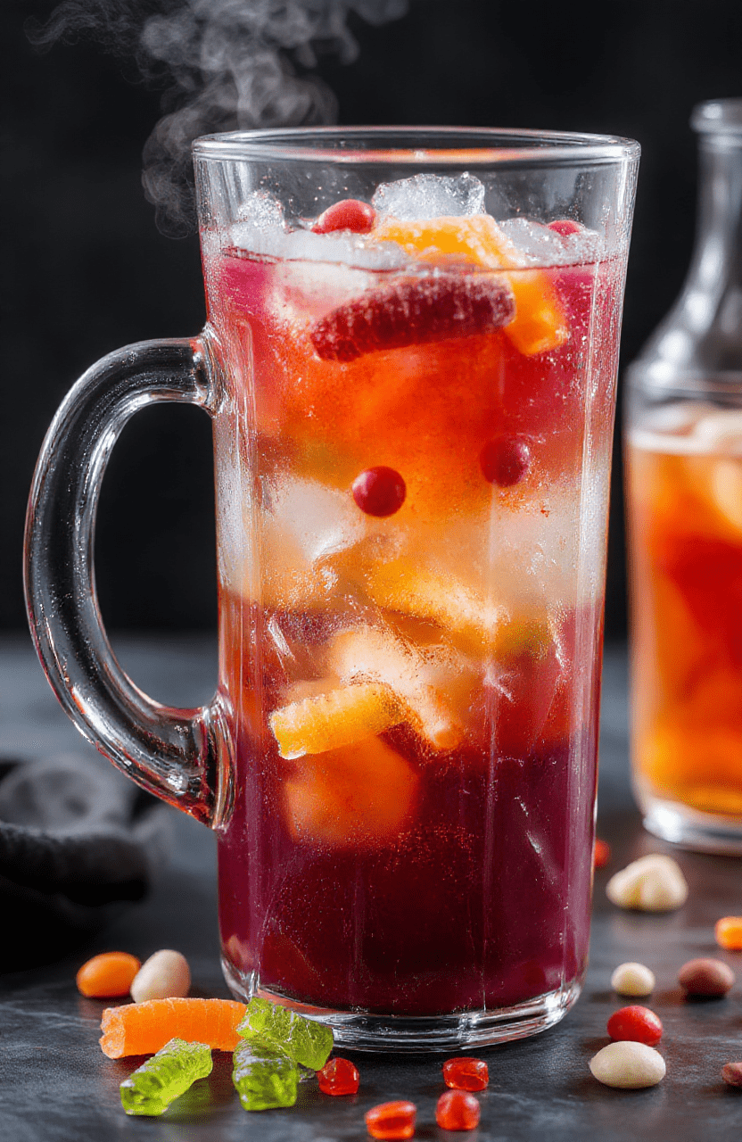 A vibrant, spooky Halloween punch in a clear glass pitcher, glowing orange and purple colors with floating gummy worms and spooky ice cubes, garnished with dry ice fog, surrounded by spooky decorations and candy, styled neatly on a black table with a dark background