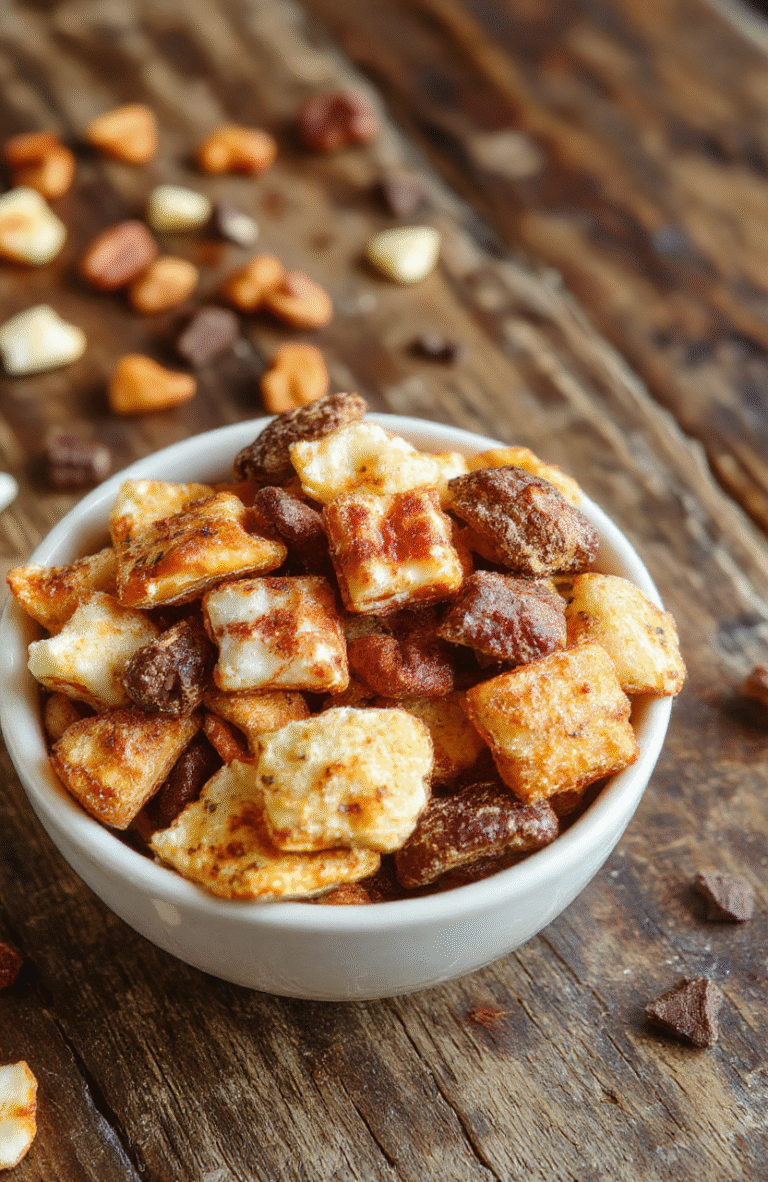 A colorful Halloween themed trail mix in a clear bowl, featuring red berries, dark chocolate chunks, green pumpkin seeds, and spooky edible decorations, arranged on a rustic wooden surface with Halloween-themed accents in the background.